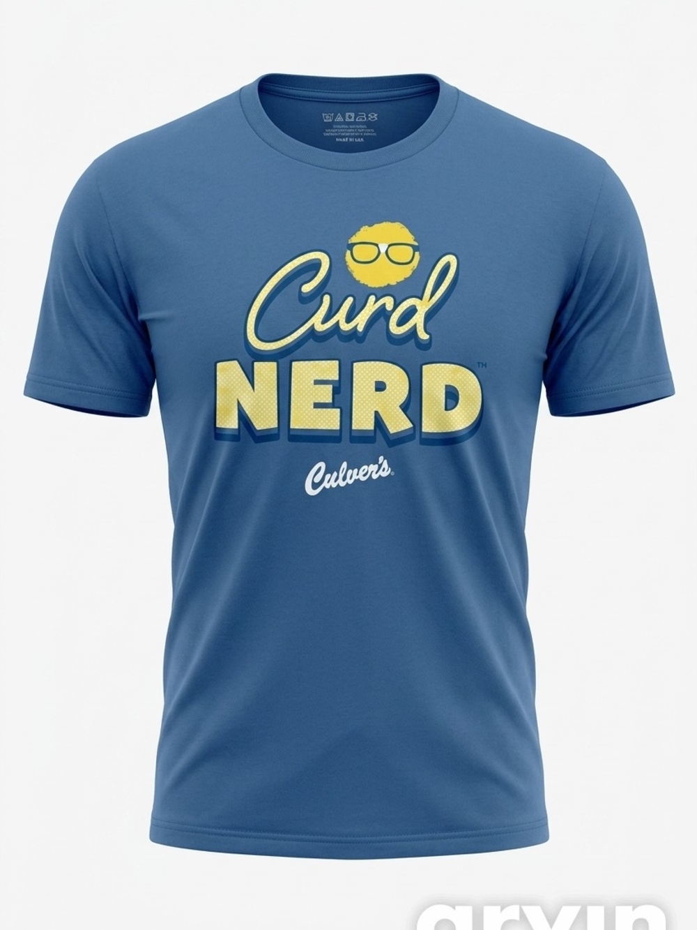 Gildan Blue "Curd Nerd" Graphic Tee with Yellow Print Culvers Large